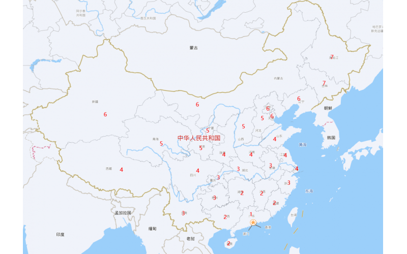 業(yè)務(wù)范圍數(shù)字化，按照距離廣東的臨近省份分布做出1到7的順序，每個(gè)數(shù)字代表跟廣東的相鄰省份數(shù)字。